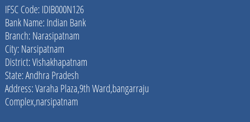 Indian Bank Narasipatnam Branch Vishakhapatnam IFSC Code IDIB000N126