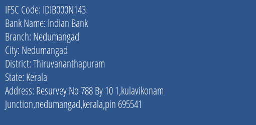 Indian Bank Nedumangad Branch, Branch Code 00N143 & IFSC Code IDIB000N143