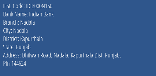Indian Bank Nadala Branch Kapurthala IFSC Code IDIB000N150