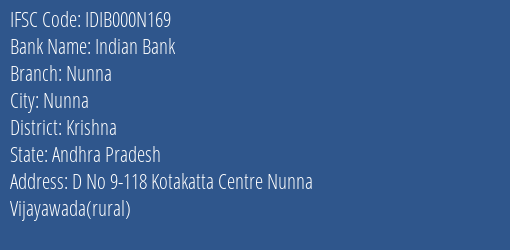 Indian Bank Nunna Branch, Branch Code 00N169 & IFSC Code Idib000n169
