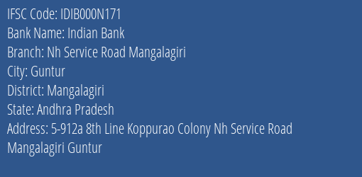 Indian Bank Nh Service Road Mangalagiri Branch Mangalagiri IFSC Code IDIB000N171