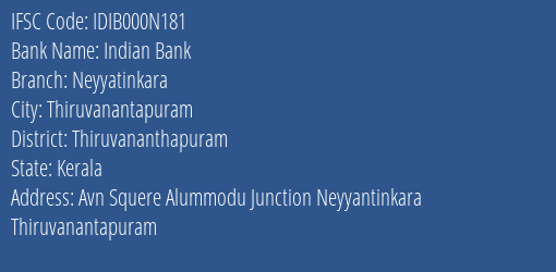 Indian Bank Neyyatinkara Branch, Branch Code 00N181 & IFSC Code IDIB000N181