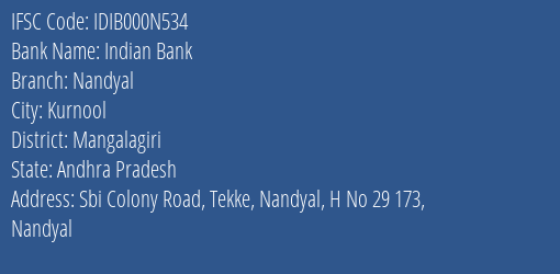 Indian Bank Nandyal Branch Mangalagiri IFSC Code IDIB000N534