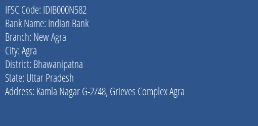 Indian Bank New Agra Branch, Branch Code 00N582 & IFSC Code IDIB000N582