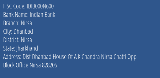 Indian Bank Nirsa Branch, Branch Code 00N600 & IFSC Code IDIB000N600
