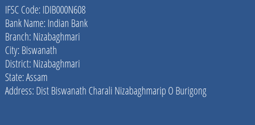 Indian Bank Nizabaghmari Branch Nizabaghmari IFSC Code IDIB000N608