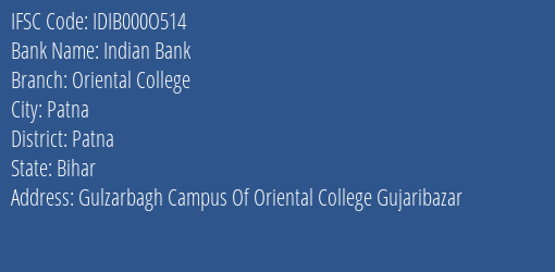 Indian Bank Oriental College Branch Patna IFSC Code IDIB000O514
