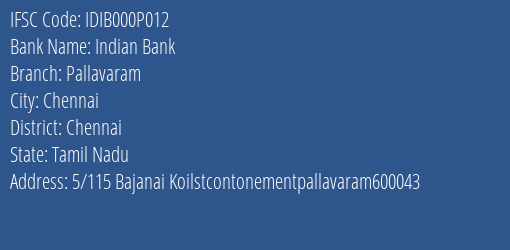 Indian Bank Pallavaram Branch IFSC Code