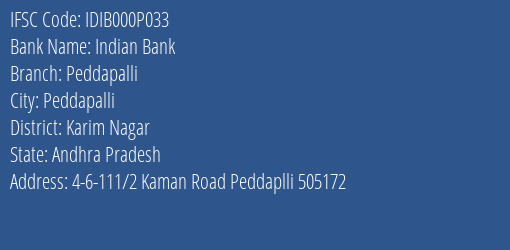 Indian Bank Peddapalli Branch Karim Nagar IFSC Code IDIB000P033