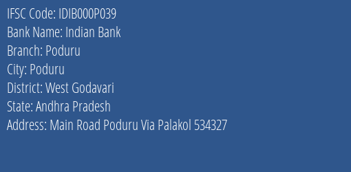 Indian Bank Poduru Branch West Godavari IFSC Code IDIB000P039