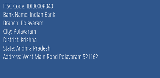 Indian Bank Polavaram Branch Krishna IFSC Code IDIB000P040