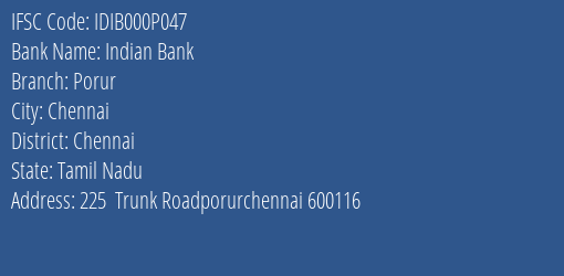 Indian Bank Porur Branch IFSC Code