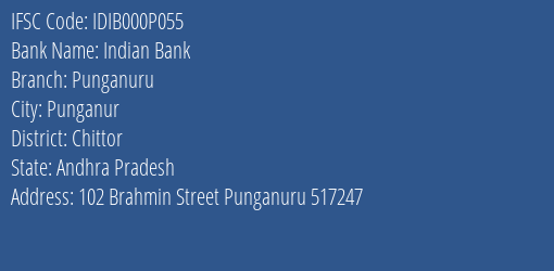Indian Bank Punganuru Branch Chittor IFSC Code IDIB000P055