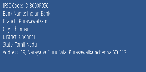 Indian Bank Purasawalkam Branch IFSC Code