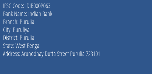 Indian Bank Purulia Branch IFSC Code