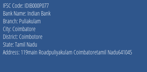 Indian Bank Puliakulam Branch IFSC Code