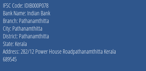 Indian Bank Pathanamthitta Branch IFSC Code
