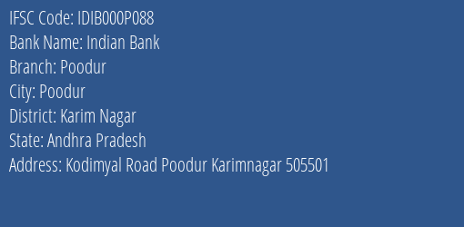 Indian Bank Poodur Branch Karim Nagar IFSC Code IDIB000P088