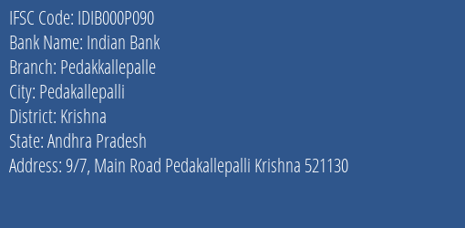 Indian Bank Pedakkallepalle Branch Krishna IFSC Code IDIB000P090