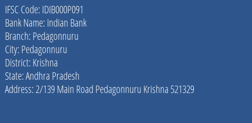Indian Bank Pedagonnuru Branch Krishna IFSC Code IDIB000P091