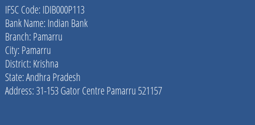 Indian Bank Pamarru Branch Krishna IFSC Code IDIB000P113