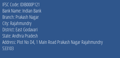 Indian Bank Prakash Nagar Branch East Godavari IFSC Code IDIB000P121