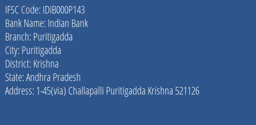 Indian Bank Puritigadda Branch Krishna IFSC Code IDIB000P143
