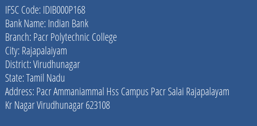 Indian Bank Pacr Polytechnic College Branch IFSC Code