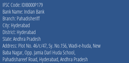 Indian Bank Pahadisheriff Branch Hyderabad IFSC Code IDIB000P179