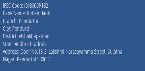 Indian Bank Pendurthi Branch IFSC Code