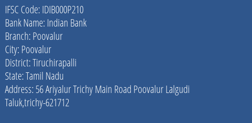 Indian Bank Poovalur Branch Tiruchirapalli IFSC Code IDIB000P210