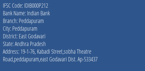Indian Bank Peddapuram Branch East Godavari IFSC Code IDIB000P212