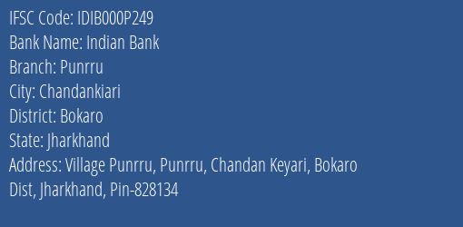 Indian Bank Punrru Branch, Branch Code 00P249 & IFSC Code IDIB000P249