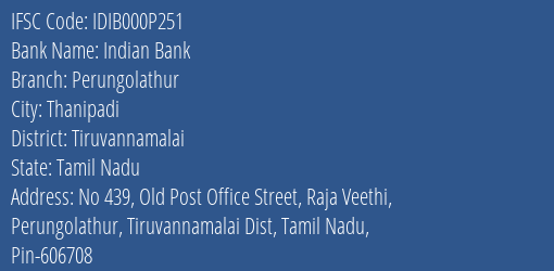 Indian Bank Perungolathur Branch Tiruvannamalai IFSC Code IDIB000P251