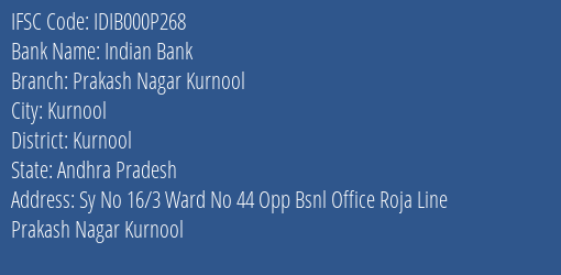 Indian Bank Prakash Nagar Kurnool Branch, Branch Code 00P268 & IFSC Code IDIB000P268