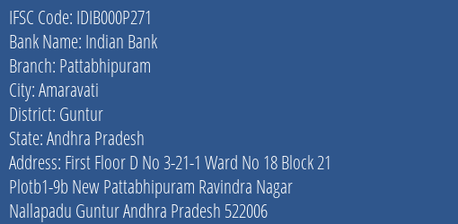 Indian Bank Pattabhipuram Branch Guntur IFSC Code IDIB000P271