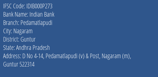Indian Bank Pedamatlapudi Branch Guntur IFSC Code IDIB000P273