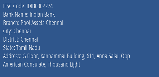 Indian Bank Pool Assets Chennai Branch IFSC Code