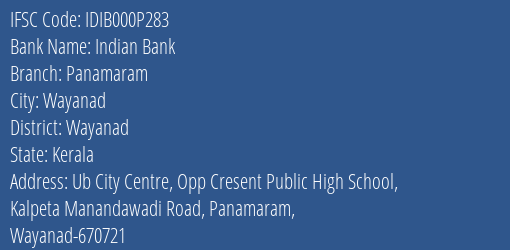 Indian Bank Panamaram Branch IFSC Code