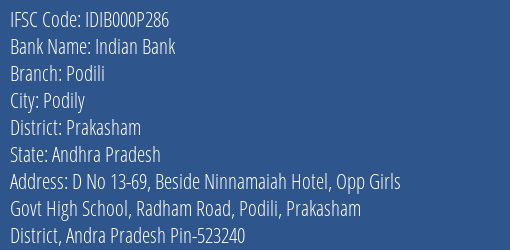 Indian Bank Podili Branch Prakasham IFSC Code IDIB000P286
