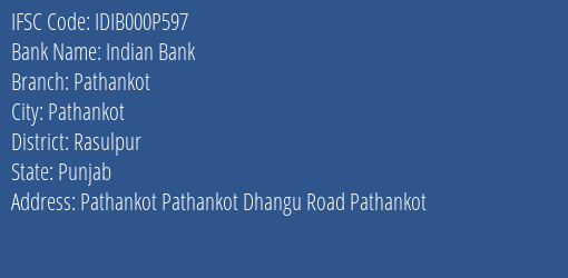 Indian Bank Pathankot Branch Rasulpur IFSC Code IDIB000P597