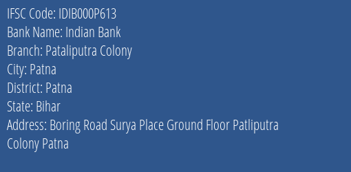 Indian Bank Pataliputra Colony Branch, Branch Code 00P613 & IFSC Code IDIB000P613
