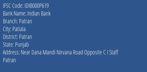 Indian Bank Patran Branch Patran IFSC Code IDIB000P619