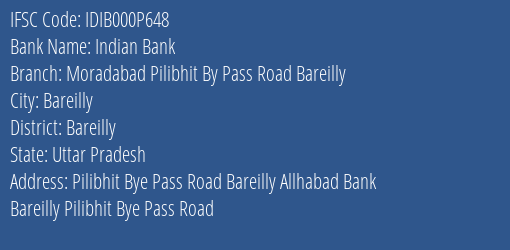 Indian Bank Moradabad Pilibhit By Pass Road Bareilly Branch Bareilly IFSC Code IDIB000P648