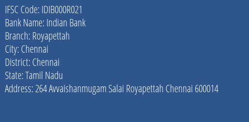 Indian Bank Royapettah Branch IFSC Code