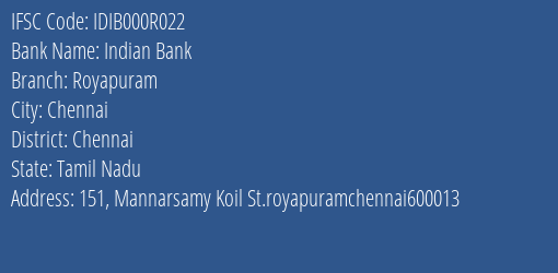 Indian Bank Royapuram Branch IFSC Code
