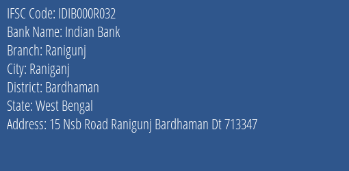 Indian Bank Ranigunj Branch IFSC Code