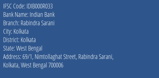 Indian Bank Rabindra Sarani Branch IFSC Code