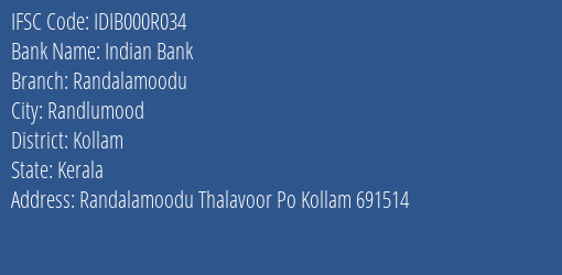 Indian Bank Randalamoodu Branch IFSC Code