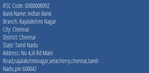 Indian Bank Rajalakshmi Nagar Branch Chennai IFSC Code IDIB000R092